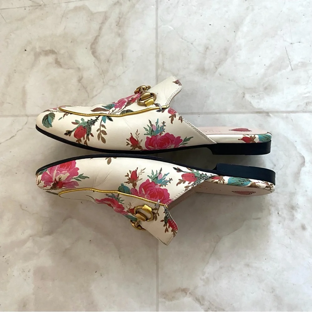 $990 Gucci Made in Italy Calfskin Stamp Allover Rose Princetown Mules Size 6 - Picture 3 of 11